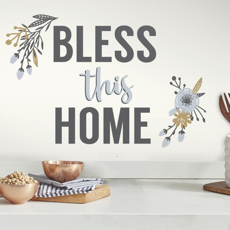 August Grove® Bless This Home Floral Quote Peel and Stick Wall Decals